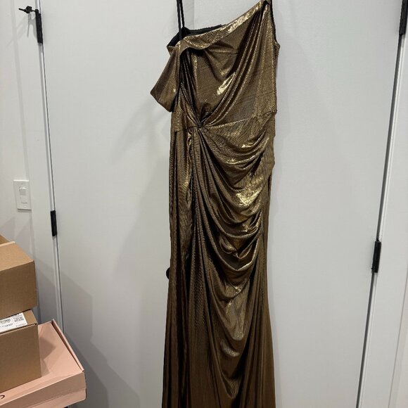 Ieena for Mac Duggal Gold Metallic Off The Shoulder Gown - Picture 2 of 6